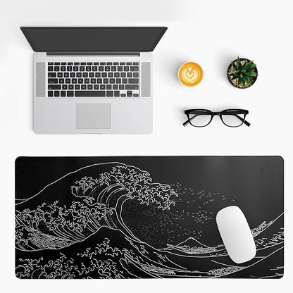 Japanese Gaming Mouse Pad Abstract Black Mouse Pad 31.5x11.8 Inch Black Sea Wave Texture Non - Slip Rubber Base Large Ocean Mousepad Stitched Edges Keyboard Mouse Mat Desk Pad for Office and Home | Mouse Pads - TrueDesk