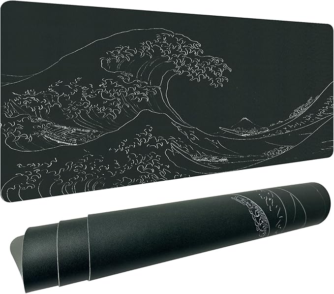 Japanese Gaming Mouse Pad Abstract Black Mouse Pad 31.5x11.8 Inch Black Sea Wave Texture Non - Slip Rubber Base Large Ocean Mousepad Stitched Edges Keyboard Mouse Mat Desk Pad for Office and Home | Mouse Pads - TrueDesk
