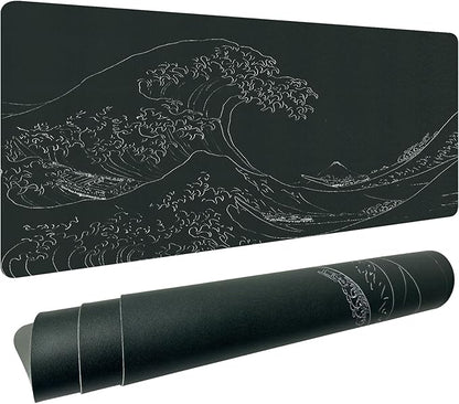 Japanese Gaming Mouse Pad Abstract Black Mouse Pad 31.5x11.8 Inch Black Sea Wave Texture Non - Slip Rubber Base Large Ocean Mousepad Stitched Edges Keyboard Mouse Mat Desk Pad for Office and Home | Mouse Pads - TrueDesk