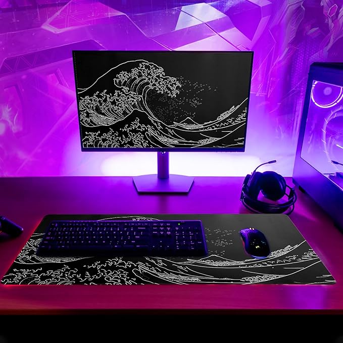 Japanese Gaming Mouse Pad Abstract Black Mouse Pad 31.5x11.8 Inch Black Sea Wave Texture Non - Slip Rubber Base Large Ocean Mousepad Stitched Edges Keyboard Mouse Mat Desk Pad for Office and Home | Mouse Pads - TrueDesk