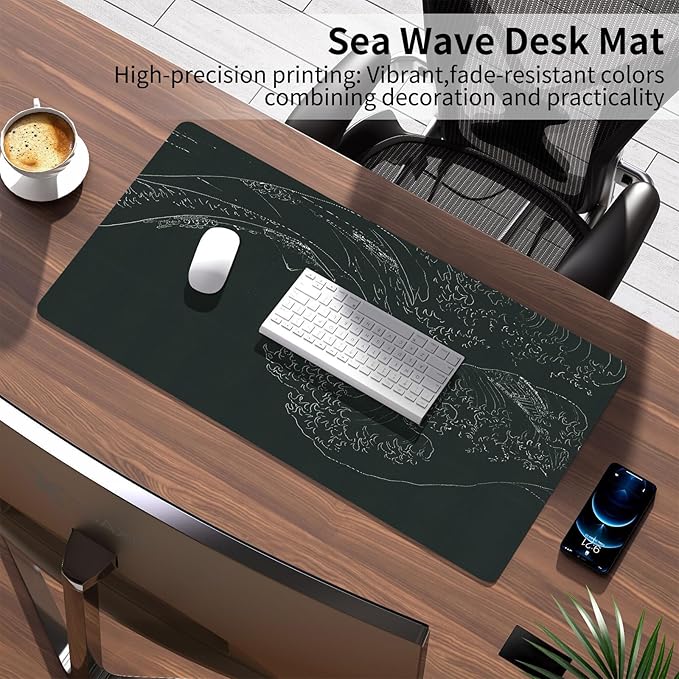 Japanese Gaming Mouse Pad Abstract Black Mouse Pad 31.5x11.8 Inch Black Sea Wave Texture Non - Slip Rubber Base Large Ocean Mousepad Stitched Edges Keyboard Mouse Mat Desk Pad for Office and Home | Mouse Pads - TrueDesk