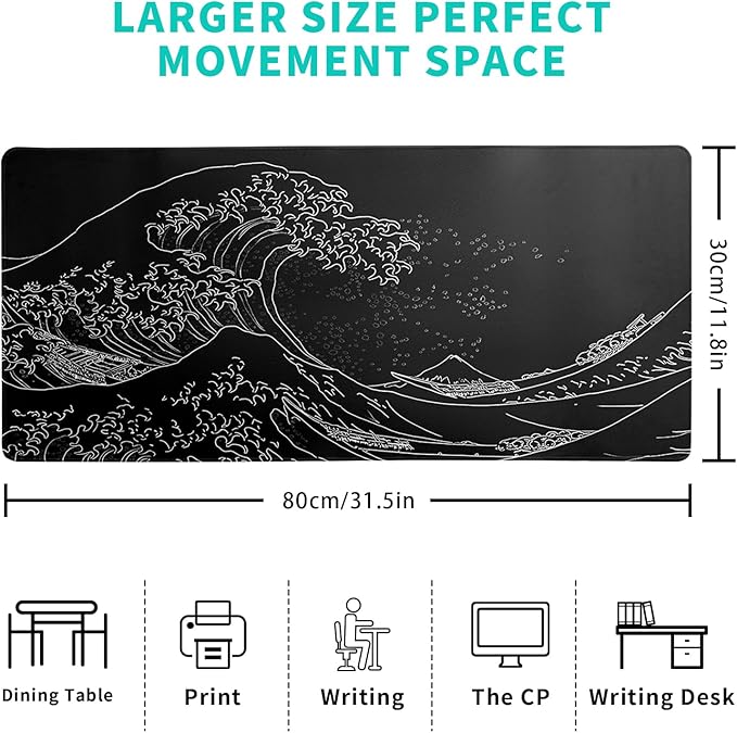 Japanese Gaming Mouse Pad Abstract Black Mouse Pad 31.5x11.8 Inch Black Sea Wave Texture Non - Slip Rubber Base Large Ocean Mousepad Stitched Edges Keyboard Mouse Mat Desk Pad for Office and Home | Mouse Pads - TrueDesk