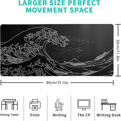 Japanese Gaming Mouse Pad Abstract Black Mouse Pad 31.5x11.8 Inch Black Sea Wave Texture Non - Slip Rubber Base Large Ocean Mousepad Stitched Edges Keyboard Mouse Mat Desk Pad for Office and Home | Mouse Pads - TrueDesk
