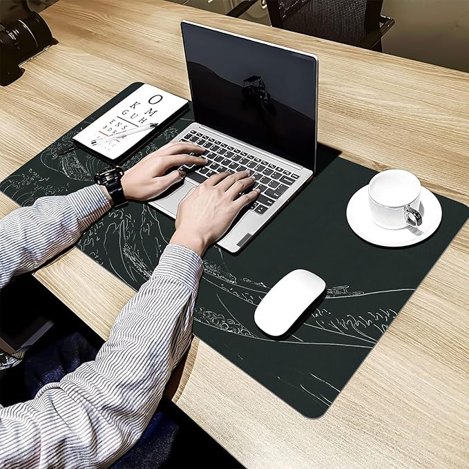 Japanese Gaming Mouse Pad Abstract Black Mouse Pad 31.5x11.8 Inch Black Sea Wave Texture Non - Slip Rubber Base Large Ocean Mousepad Stitched Edges Keyboard Mouse Mat Desk Pad for Office and Home | Mouse Pads - TrueDesk