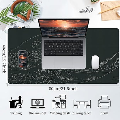 Japanese Gaming Mouse Pad Abstract Black Mouse Pad 31.5x11.8 Inch Black Sea Wave Texture Non - Slip Rubber Base Large Ocean Mousepad Stitched Edges Keyboard Mouse Mat Desk Pad for Office and Home | Mouse Pads - TrueDesk