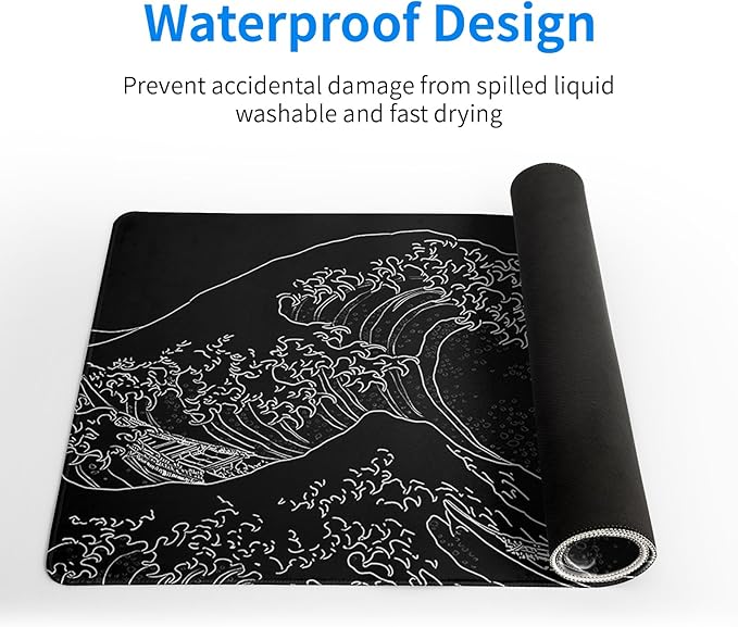 Japanese Gaming Mouse Pad Abstract Black Mouse Pad 31.5x11.8 Inch Black Sea Wave Texture Non - Slip Rubber Base Large Ocean Mousepad Stitched Edges Keyboard Mouse Mat Desk Pad for Office and Home | Mouse Pads - TrueDesk