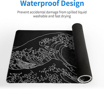 Japanese Gaming Mouse Pad Abstract Black Mouse Pad 31.5x11.8 Inch Black Sea Wave Texture Non - Slip Rubber Base Large Ocean Mousepad Stitched Edges Keyboard Mouse Mat Desk Pad for Office and Home | Mouse Pads - TrueDesk