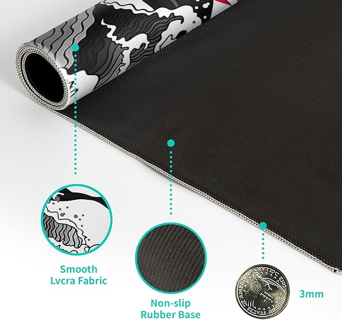 Japanese Red and Black Wave Gaming Mouse Pad Extended Large Mouse Mat Desk Pad Sea Texture Non - Slip Rubber Base Wave Mousepad Stitched Edges Keyboard Desk Pad for Office Home Game 31.5x11.8 Inch | Mouse Pads - TrueDesk