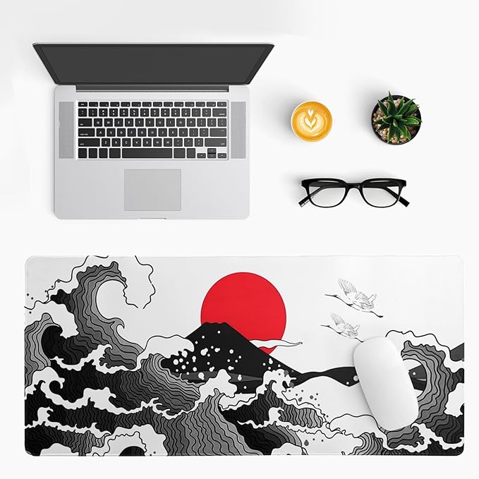 Japanese Red and Black Wave Gaming Mouse Pad Extended Large Mouse Mat Desk Pad Sea Texture Non - Slip Rubber Base Wave Mousepad Stitched Edges Keyboard Desk Pad for Office Home Game 31.5x11.8 Inch | Mouse Pads - TrueDesk