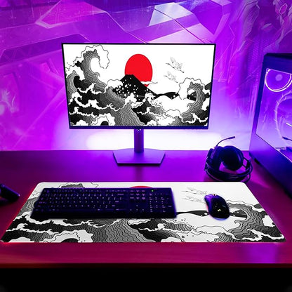 Japanese Red and Black Wave Gaming Mouse Pad Extended Large Mouse Mat Desk Pad Sea Texture Non - Slip Rubber Base Wave Mousepad Stitched Edges Keyboard Desk Pad for Office Home Game 31.5x11.8 Inch | Mouse Pads - TrueDesk