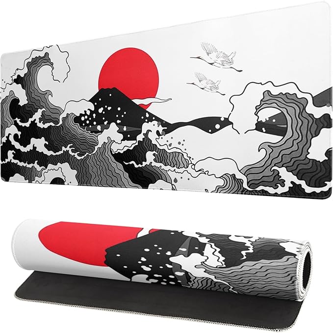 Japanese Red and Black Wave Gaming Mouse Pad Extended Large Mouse Mat Desk Pad Sea Texture Non - Slip Rubber Base Wave Mousepad Stitched Edges Keyboard Desk Pad for Office Home Game 31.5x11.8 Inch | Mouse Pads - TrueDesk