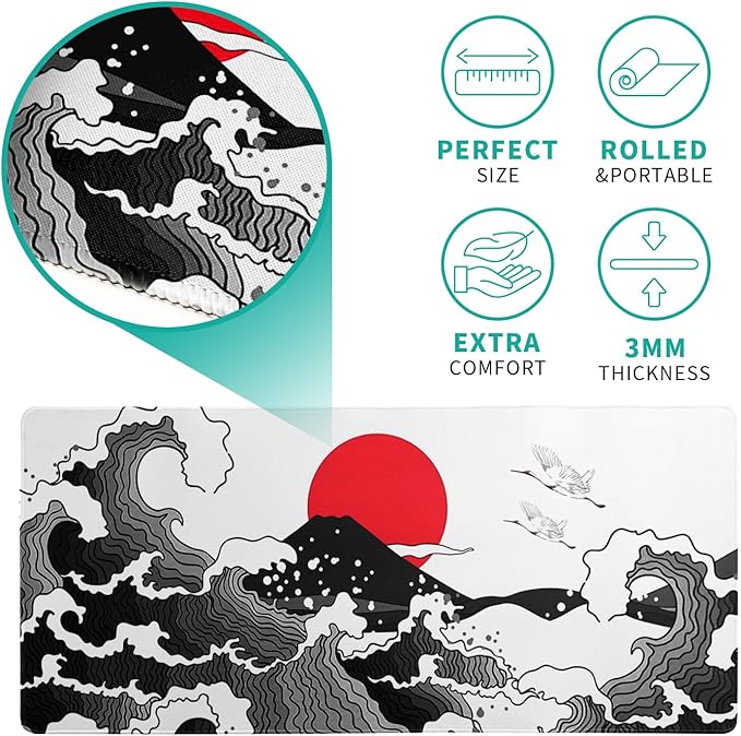 Japanese Red and Black Wave Gaming Mouse Pad Extended Large Mouse Mat Desk Pad Sea Texture Non - Slip Rubber Base Wave Mousepad Stitched Edges Keyboard Desk Pad for Office Home Game 31.5x11.8 Inch | Mouse Pads - TrueDesk