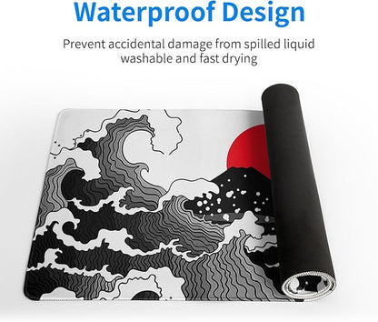 Japanese Red and Black Wave Gaming Mouse Pad Extended Large Mouse Mat Desk Pad Sea Texture Non - Slip Rubber Base Wave Mousepad Stitched Edges Keyboard Desk Pad for Office Home Game 31.5x11.8 Inch | Mouse Pads - TrueDesk