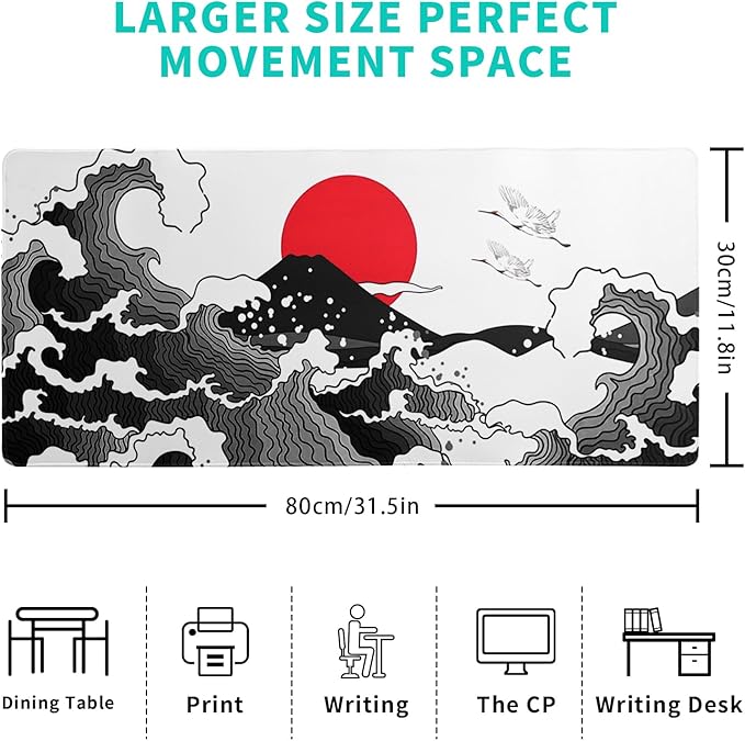 Japanese Red and Black Wave Gaming Mouse Pad Extended Large Mouse Mat Desk Pad Sea Texture Non - Slip Rubber Base Wave Mousepad Stitched Edges Keyboard Desk Pad for Office Home Game 31.5x11.8 Inch | Mouse Pads - TrueDesk