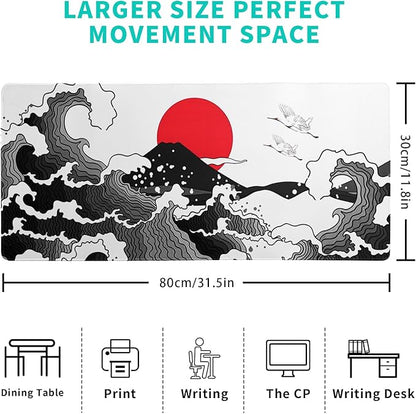 Japanese Red and Black Wave Gaming Mouse Pad Extended Large Mouse Mat Desk Pad Sea Texture Non - Slip Rubber Base Wave Mousepad Stitched Edges Keyboard Desk Pad for Office Home Game 31.5x11.8 Inch | Mouse Pads - TrueDesk