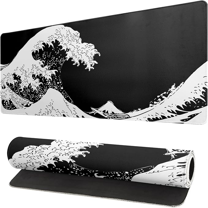 Japanese Sea Wave Large Mouse Pad, Abstract Black Gaming Mousepad, Extended Kanagawa Mat Desk Pad, 3mm Thick Long Non - Slip Rubber Base Mice Pad for Office and Home, 31.5x11.8 Inch | Mouse Pads - TrueDesk