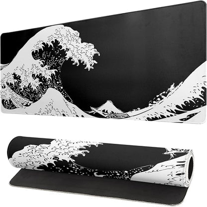 Japanese Sea Wave Large Mouse Pad, Abstract Black Gaming Mousepad, Extended Kanagawa Mat Desk Pad, 3mm Thick Long Non - Slip Rubber Base Mice Pad for Office and Home, 31.5x11.8 Inch | Mouse Pads - TrueDesk