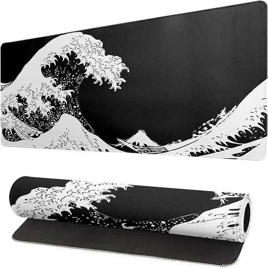 Japanese Sea Wave Large Mouse Pad, Abstract Black Gaming Mousepad, Extended Kanagawa Mat Desk Pad, 3mm Thick Long Non - Slip Rubber Base Mice Pad for Office and Home, 31.5x11.8 Inch | Mouse Pads - TrueDesk