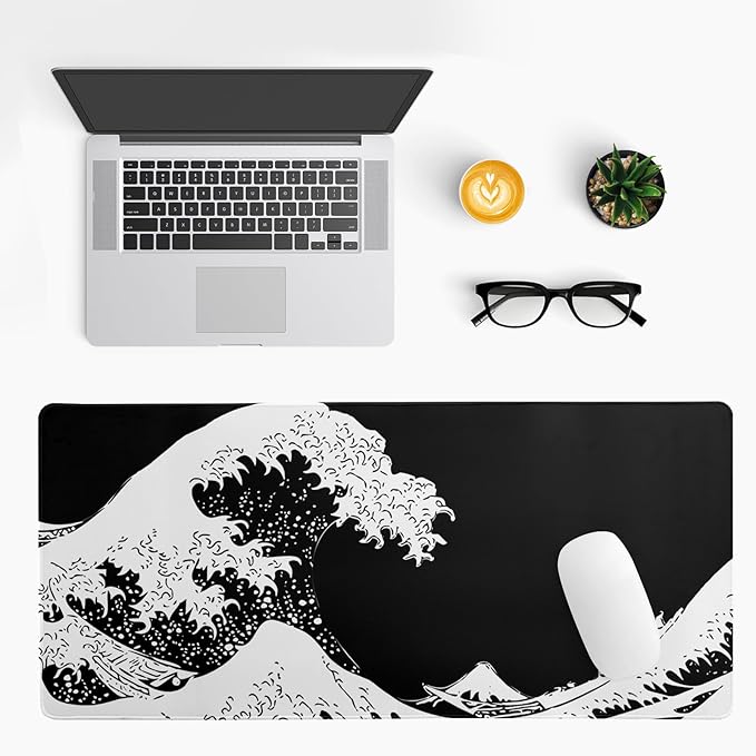 Japanese Sea Wave Large Mouse Pad, Abstract Black Gaming Mousepad, Extended Kanagawa Mat Desk Pad, 3mm Thick Long Non - Slip Rubber Base Mice Pad for Office and Home, 31.5x11.8 Inch | Mouse Pads - TrueDesk