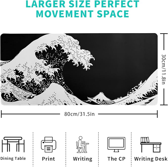 Japanese Sea Wave Large Mouse Pad, Abstract Black Gaming Mousepad, Extended Kanagawa Mat Desk Pad, 3mm Thick Long Non - Slip Rubber Base Mice Pad for Office and Home, 31.5x11.8 Inch | Mouse Pads - TrueDesk