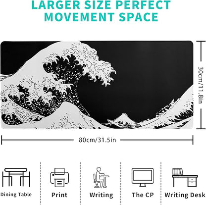 Japanese Sea Wave Large Mouse Pad, Abstract Black Gaming Mousepad, Extended Kanagawa Mat Desk Pad, 3mm Thick Long Non - Slip Rubber Base Mice Pad for Office and Home, 31.5x11.8 Inch | Mouse Pads - TrueDesk
