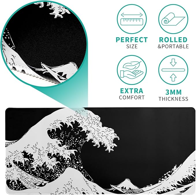 Japanese Sea Wave Large Mouse Pad, Abstract Black Gaming Mousepad, Extended Kanagawa Mat Desk Pad, 3mm Thick Long Non - Slip Rubber Base Mice Pad for Office and Home, 31.5x11.8 Inch | Mouse Pads - TrueDesk