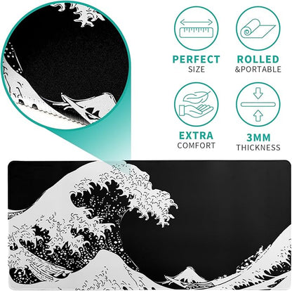 Japanese Sea Wave Large Mouse Pad, Abstract Black Gaming Mousepad, Extended Kanagawa Mat Desk Pad, 3mm Thick Long Non - Slip Rubber Base Mice Pad for Office and Home, 31.5x11.8 Inch | Mouse Pads - TrueDesk