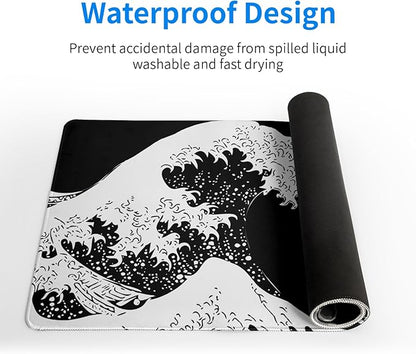 Japanese Sea Wave Large Mouse Pad, Abstract Black Gaming Mousepad, Extended Kanagawa Mat Desk Pad, 3mm Thick Long Non - Slip Rubber Base Mice Pad for Office and Home, 31.5x11.8 Inch | Mouse Pads - TrueDesk