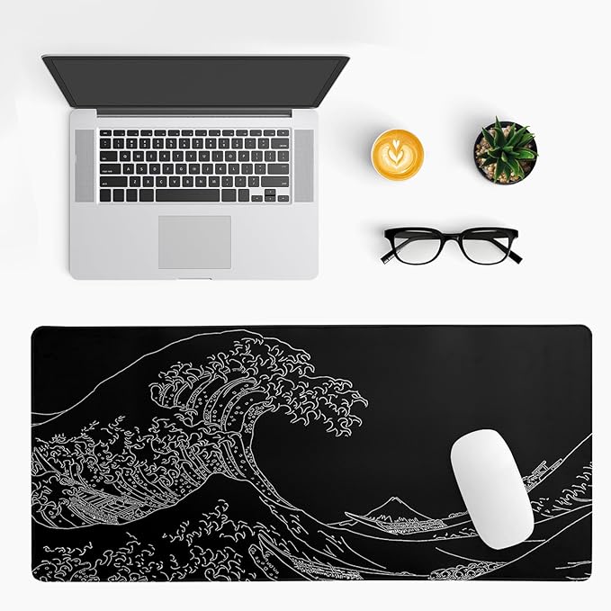 Japanese Sea Wave Large Mouse Pad Abstract Black Mouse Pad 31.5x11.8 Inch Black Kanagawa Texture Non - Slip Rubber Base Large Ocean Mousepad Stitched Edge Keyboard Mouse Mat Desk Pad for Office and Home | Mouse Pads - TrueDesk