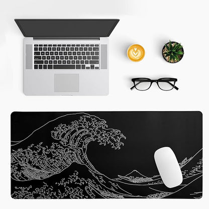 Japanese Sea Wave Large Mouse Pad Abstract Black Mouse Pad 31.5x11.8 Inch Black Kanagawa Texture Non - Slip Rubber Base Large Ocean Mousepad Stitched Edge Keyboard Mouse Mat Desk Pad for Office and Home | Mouse Pads - TrueDesk