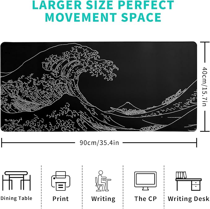 Japanese Sea Wave Large Mouse Pad Abstract Black Mouse Pad 31.5x11.8 Inch Black Kanagawa Texture Non - Slip Rubber Base Large Ocean Mousepad Stitched Edge Keyboard Mouse Mat Desk Pad for Office and Home | Mouse Pads - TrueDesk