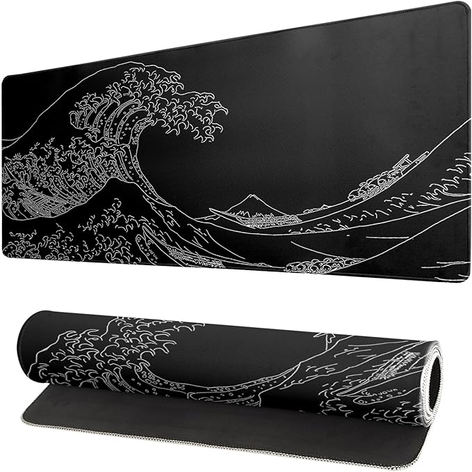 Japanese Sea Wave Large Mouse Pad Abstract Black Mouse Pad 31.5x11.8 Inch Black Kanagawa Texture Non - Slip Rubber Base Large Ocean Mousepad Stitched Edge Keyboard Mouse Mat Desk Pad for Office and Home | Mouse Pads - TrueDesk