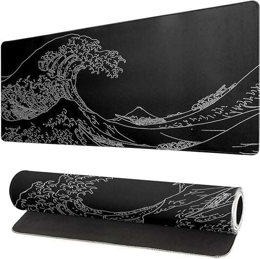 Japanese Sea Wave Large Mouse Pad Abstract Black Mouse Pad 31.5x11.8 Inch Black Kanagawa Texture Non - Slip Rubber Base Large Ocean Mousepad Stitched Edge Keyboard Mouse Mat Desk Pad for Office and Home | Mouse Pads - TrueDesk