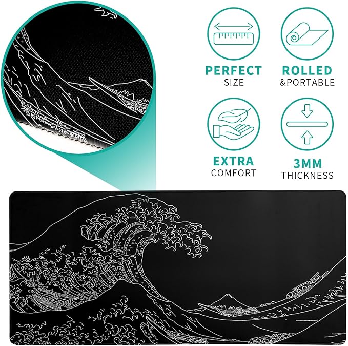 Japanese Sea Wave Large Mouse Pad Abstract Black Mouse Pad 31.5x11.8 Inch Black Kanagawa Texture Non - Slip Rubber Base Large Ocean Mousepad Stitched Edge Keyboard Mouse Mat Desk Pad for Office and Home | Mouse Pads - TrueDesk
