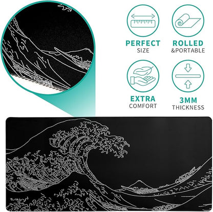 Japanese Sea Wave Large Mouse Pad Abstract Black Mouse Pad 31.5x11.8 Inch Black Kanagawa Texture Non - Slip Rubber Base Large Ocean Mousepad Stitched Edge Keyboard Mouse Mat Desk Pad for Office and Home | Mouse Pads - TrueDesk