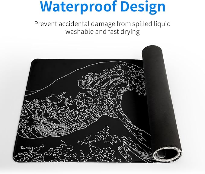 Japanese Sea Wave Large Mouse Pad Abstract Black Mouse Pad 31.5x11.8 Inch Black Kanagawa Texture Non - Slip Rubber Base Large Ocean Mousepad Stitched Edge Keyboard Mouse Mat Desk Pad for Office and Home | Mouse Pads - TrueDesk