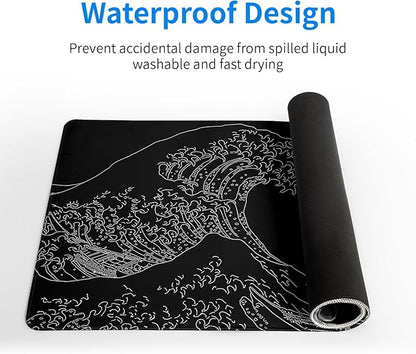 Japanese Sea Wave Large Mouse Pad Abstract Black Mouse Pad 31.5x11.8 Inch Black Kanagawa Texture Non - Slip Rubber Base Large Ocean Mousepad Stitched Edge Keyboard Mouse Mat Desk Pad for Office and Home | Mouse Pads - TrueDesk