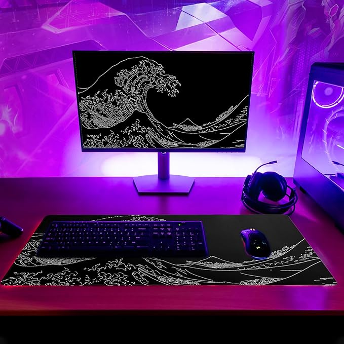 Japanese Sea Wave Large Mouse Pad Abstract Black Mouse Pad 31.5x11.8 Inch Black Kanagawa Texture Non - Slip Rubber Base Large Ocean Mousepad Stitched Edge Keyboard Mouse Mat Desk Pad for Office and Home | Mouse Pads - TrueDesk