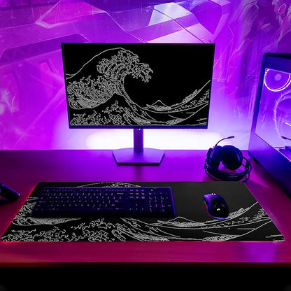 Japanese Sea Wave Large Mouse Pad Abstract Black Mouse Pad 31.5x11.8 Inch Black Kanagawa Texture Non - Slip Rubber Base Large Ocean Mousepad Stitched Edge Keyboard Mouse Mat Desk Pad for Office and Home | Mouse Pads - TrueDesk