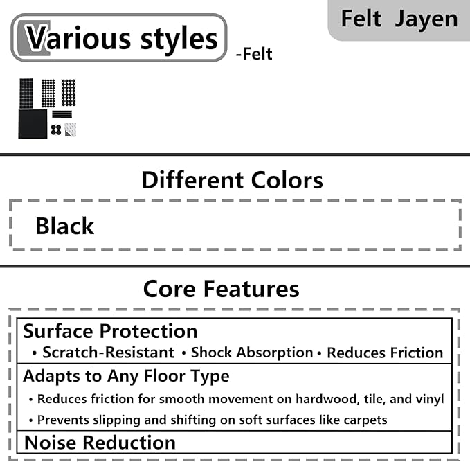 Jayen 133 Pcs Felt Self - Adhesive Cuttable Furniture Pads, Anti - Scratch Floor Protectors for Any Furniture and Appliances - Black | Furniture Pads - TrueDesk