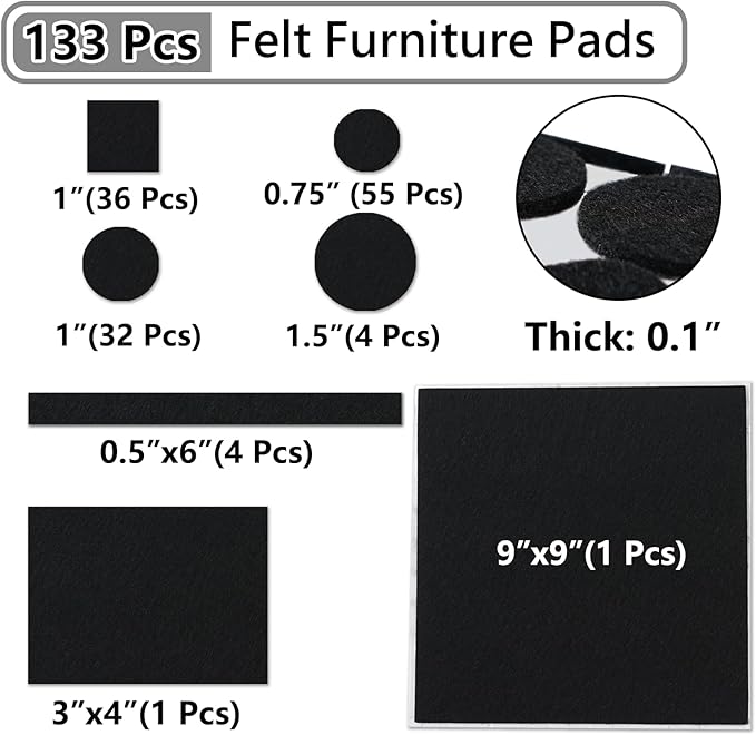 Jayen 133 Pcs Felt Self - Adhesive Cuttable Furniture Pads, Anti - Scratch Floor Protectors for Any Furniture and Appliances - Black | Furniture Pads - TrueDesk