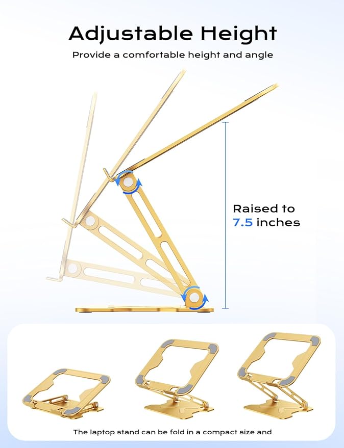 JCZT Adjustable Laptop Stand for Desk, Metal Foldable Laptop Riser, Portable Laptop Holder Mount, Ventilated Cooling Computer Notebook Stand for MacBook Air Pro, All 10 - 16'' Notebooks Laptops, Gold | Stands - TrueDesk