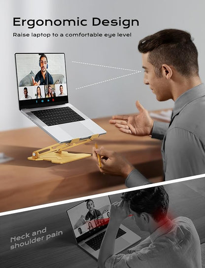 JCZT Adjustable Laptop Stand for Desk, Metal Foldable Laptop Riser, Portable Laptop Holder Mount, Ventilated Cooling Computer Notebook Stand for MacBook Air Pro, All 10 - 16'' Notebooks Laptops, Gold | Stands - TrueDesk