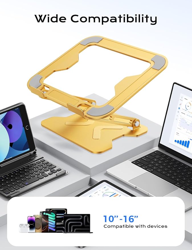 JCZT Adjustable Laptop Stand for Desk, Metal Foldable Laptop Riser, Portable Laptop Holder Mount, Ventilated Cooling Computer Notebook Stand for MacBook Air Pro, All 10 - 16'' Notebooks Laptops, Gold | Stands - TrueDesk