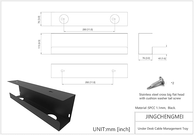Jingchengmei Under Desk 17 inch Wide Cable Management Tray, Power Strip Holder, Metal Cord Organizer, Wire Management for Office and Home, Black (UDCMT17In, Black) | Cable Raceways - TrueDesk