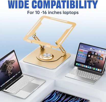 JOYEKY Laptop Stand for Desk, Adjustable Computer Stand with 360° Rotating Base, Ergonomic Laptop Riser for Collaborative Work, Foldable & Portable Laptop Stand, fits for All 10 - 16" Laptops (Gold) | Stands - TrueDesk
