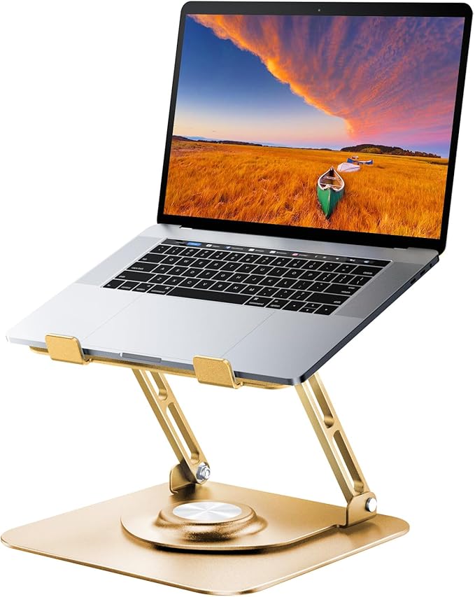 JOYEKY Laptop Stand for Desk, Adjustable Computer Stand with 360° Rotating Base, Ergonomic Laptop Riser for Collaborative Work, Foldable & Portable Laptop Stand, fits for All 10 - 16" Laptops (Gold) | Stands - TrueDesk