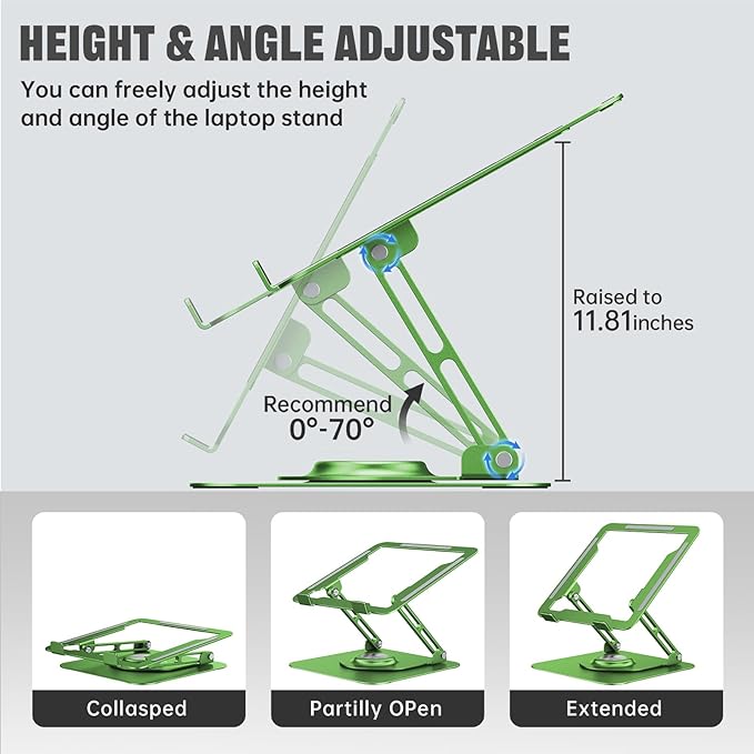 JOYEKY Laptop Stand for Desk, Adjustable Computer Stand with 360° Rotating Base, Ergonomic Laptop Riser for Collaborative Work, Foldable & Portable Laptop Stand, fits for All 10 - 16" Laptops (Green) | Stands - TrueDesk