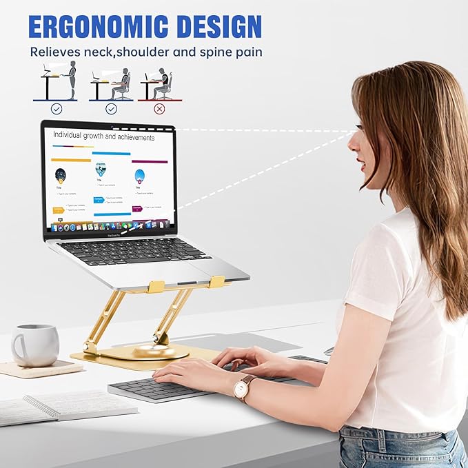 JOYEKY Laptop Stand for Desk, Adjustable Computer Stand with 360° Rotating Base, Ergonomic Laptop Riser for Collaborative Work, Foldable & Portable Laptop Stand, fits for All 10 - 16" Laptops (Gold) | Stands - TrueDesk