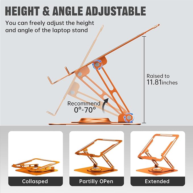 JOYEKY Laptop Stand for Desk, Adjustable Computer Stand with 360° Rotating Base, Ergonomic Laptop Riser for Collaborative Work, Foldable & Portable Laptop Stand, fits for All 10 - 16" Laptops (Orange) | Stands - TrueDesk